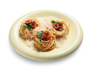 Plate of tasty Pasta Puttanesca on white background