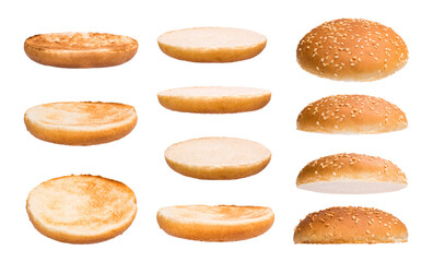 Set of burger bun isolated on white background. Different sides and parts