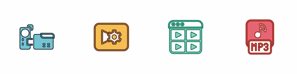 Fototapeta premium Set Cinema camera, Music or video settings, playlist and MP3 file icon. Vector