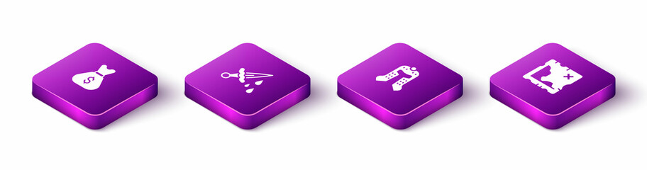 Set Isometric Old money bag, Sword with blood, Medieval helmet and Pirate treasure map icon. Vector