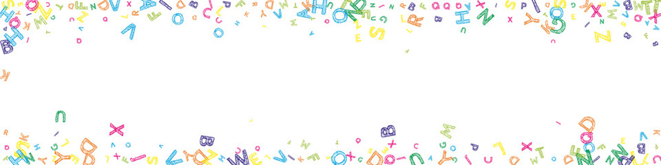 Falling letters of English language. Colorful messy sketch flying words of Latin alphabet. Foreign languages study concept. Flawless back to school banner on white background.