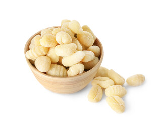 Bowl with raw gnocchi on white background