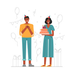 Cute african american couple celebrating birthday isolated on white. Festive concept design with happy characters in hats. Birthday party with confetti and balloons. Vector flat colorful illustration