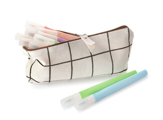 Pencil case and felt tip pens on white background