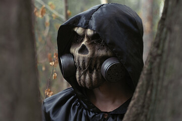 a man in a scary mask and hood is standing in the forest behind the trees.an idea for Halloween and the day of the dead