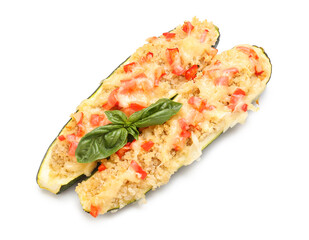 Quinoa stuffed zucchini boats on white background