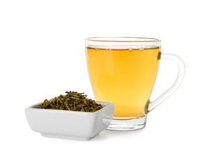 Glass cup and bowl with dry hojicha green tea on white background