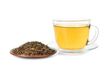 Saucer with dry hojicha green tea and cup of hot beverage on white background