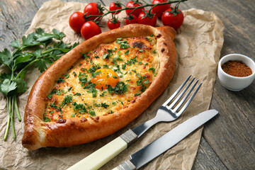 Parchment with tasty Ajarian khachapuri on wooden background