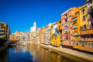 Famous colorful houses at river Onyar in Girona, Catalonia, Spain