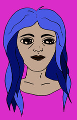 Dziewczyna z niebieskimi włosami na różowym tle.