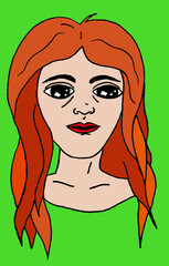 Portret ognisto włosej dzieczyny na zielonym tle. - obrazy, fototapety, plakaty