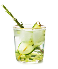 Glass of cold gin tonic and cucumber slices on white background