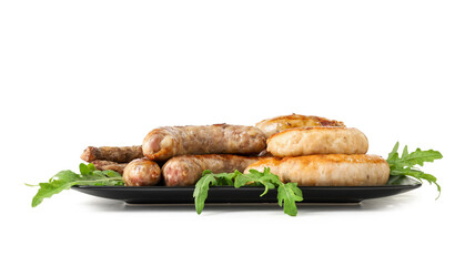 Plate with tasty Bavarian sausages on white background. Oktoberfest celebration