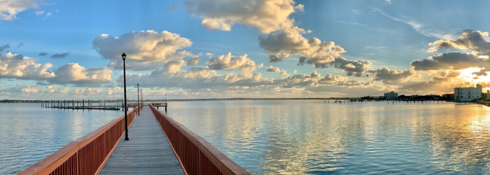 Morning sunrise on the boardwalk along the St Lucie River walk in Stuart, Florida. 