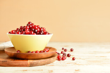 Bowl with healthy cranberry on light wooden background