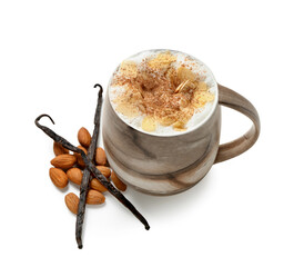 Cup of tasty almond latte on white background