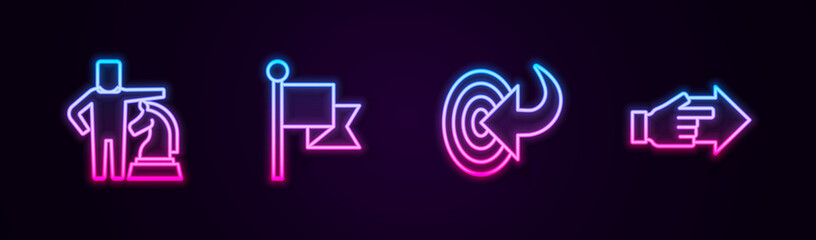 Set line Chess, Flag, Target and Hand with pointing finger. Glowing neon icon. Vector
