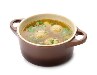 Cooking pot with tasty meatball soup on white background