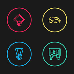 Set line Medal with baseball ball, Baseball mechanical scoreboard, boot and field icon. Vector