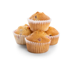 Tasty cranberry muffins on white background