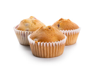 Tasty cranberry muffins on white background