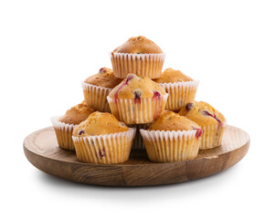 Wooden board with tasty cranberry muffins on white background
