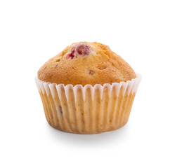 Tasty cranberry muffin on white background
