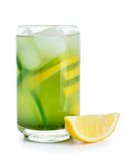 Glass with tasty lemonade on white background