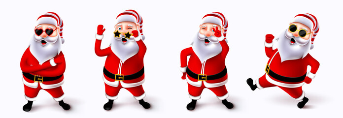 Santa claus christmas character vector set. Cute and jolly santa claus 3d characters in standing, running and waving pose and gestures with sunglasses for xmas collection design. Vector illustration.
