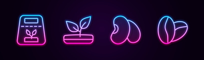 Set line Pack full of seeds of plant, Sprout, Beans and Coffee beans. Glowing neon icon. Vector