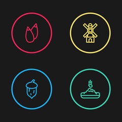 Set line Acorn, oak nut, seed, Seed, Windmill and icon. Vector