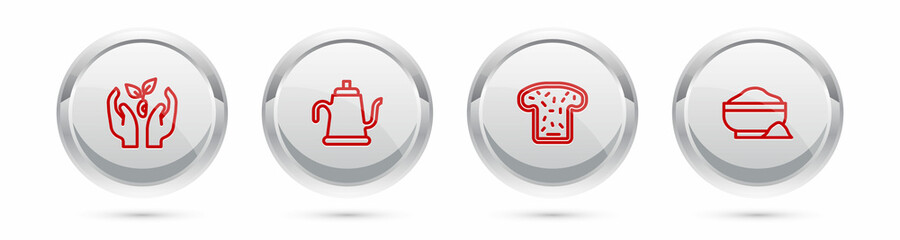 Set line Plant in hand, Watering can, Bread toast and Flour bowl. Silver circle button. Vector