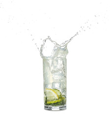 Glass of splashing lemonade on white background