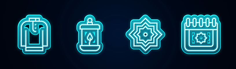 Set line Shirt kurta, Ramadan Kareem lantern, Octagonal star and calendar. Glowing neon icon. Vector