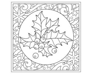 Holly - Christmas winter coloring page, frame with snowflakes and stars - vector zentangle for coloring. Outline. Linear drawing with leaves and berries of holly