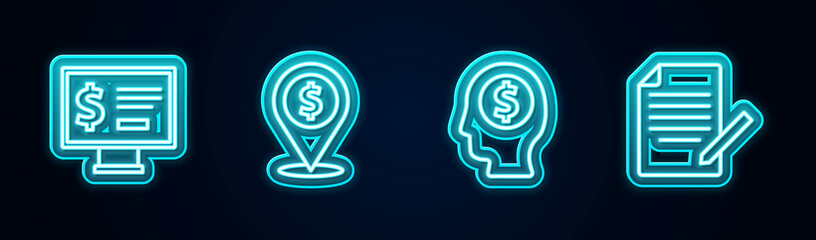Set line Monitor with dollar, Cash location, Business man planning mind and Document and pen. Glowing neon icon. Vector