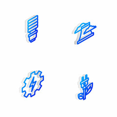 Set Isometric line Nuclear power plant, LED light bulb, Gear and lightning and Electric saving plug leaf icon. Vector