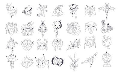 Collection of Mystical and Astrology objects. Mystical signs, silhouettes, zodiac signs. Astrological and magical elements are isolated on a white background. Astronomy. Line art illustrations