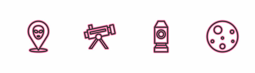 Set line Alien, Rocket ship, Telescope and Planet Mars icon. Vector
