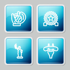 Set line Baseball glove with ball, Medal star, Statue of Liberty and Sausage on the fork icon. Vector