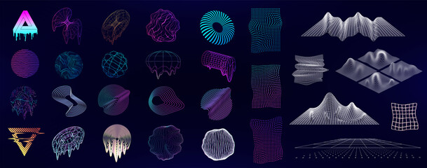 Retrofuturism and memphis vaporwave geometric shapes, elements, texture with glitch and liquid effect. Retro 80s and 90s cyberpunk abstract shapes. Universal trendy shapes. Vector collection - obrazy, fototapety, plakaty