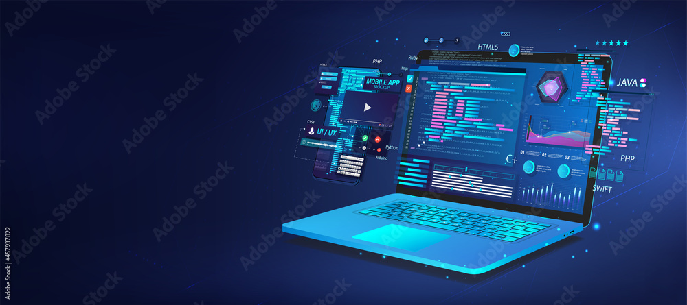 Aufkleber Web blue banner Software, UI and development for different devices. Laptop and smartphone with coding app. Business App Dashboard with analytics data, testing platform, coding process. Vector Software