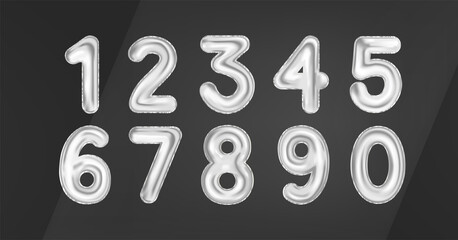 3D silver balloons numbers 0 to 9 in realistic style with glare and reflections. Realistic shiny decoration elements for Party, birthday, celebrate anniversary and wedding. Vector numbers balloons set