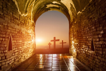 Tunnel towards Cross of jesus christ and resurrection at sunrise background. Christian religion concept.
