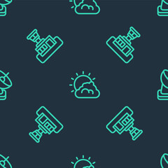 Set line Sun and cloud weather, Airport control tower and Radar on seamless pattern. Vector