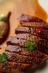Close up of hot and fresh tenderloin with meat juice around, commercial photo