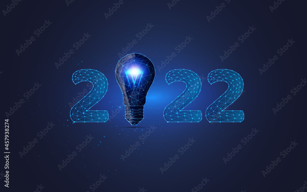 Poster happy new year 2022 card with lamp. symbol of ideas in the coming year. shining bulb.good startup st