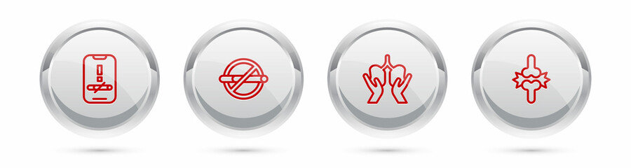 Set line No smoking, , Lungs and Joint pain, knee pain. Silver circle button. Vector