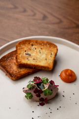 Goose pate with fresh colorful sprouts, served with golden crispy slices of bread, top view